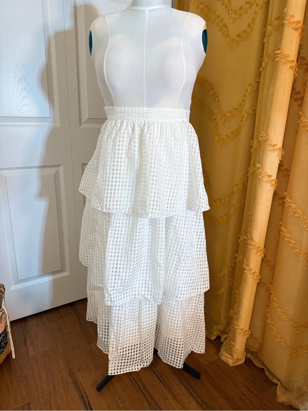 SHEIN White Tiered Maxi Skirt with Gingham Texture